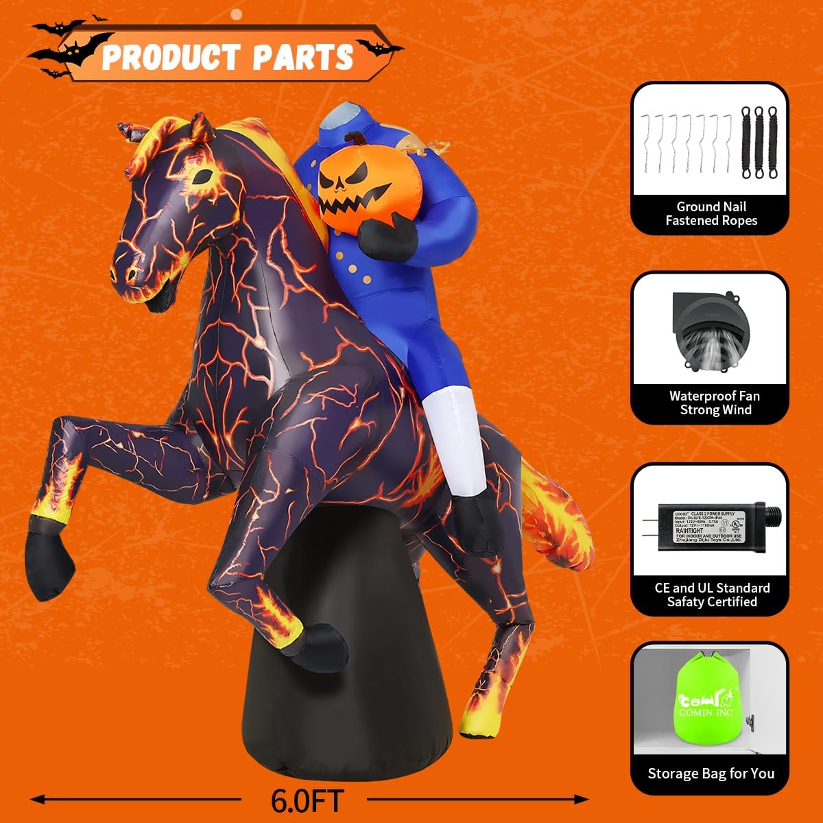 COMIN 6FT Long Halloween Inflatables Headless Horseman Outdoor Decorations Blow Up Lightning Horse Yard with Built-in LEDs for Indoor Party Garden Lawn Decor